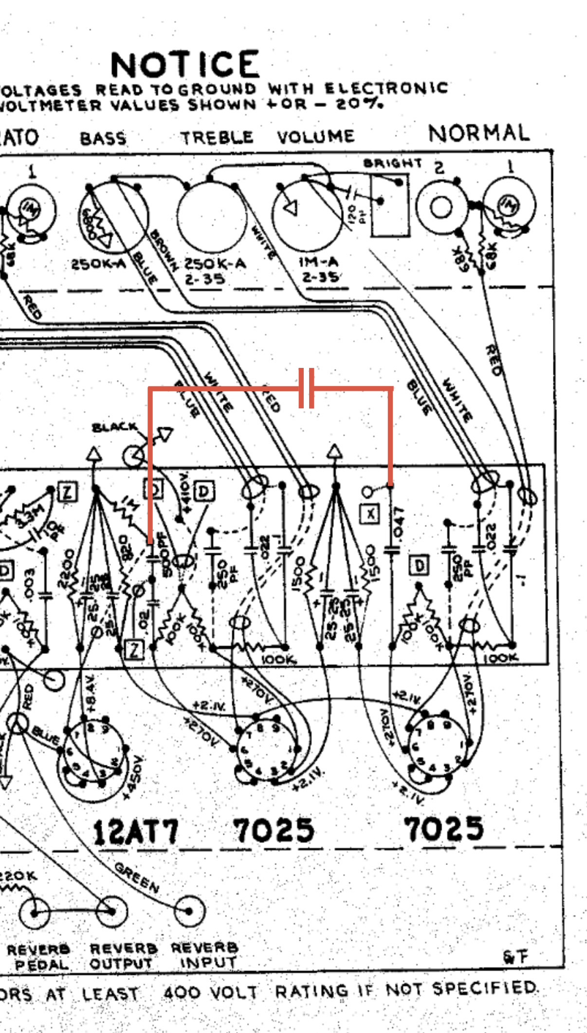AB763 Cap-Tap: 330 pF from the Normal .047 µF / 220 k junction to the V3 reverb-driver grid, grid side of the stock 500 pF.