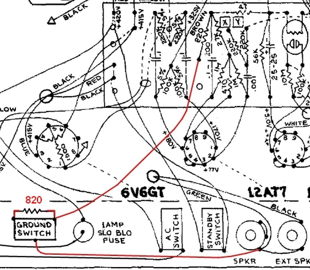 AB763 Cap-Tap: 330 pF from the Normal .047 µF / 220 k junction to the V3 reverb-driver grid, grid side of the stock 500 pF.