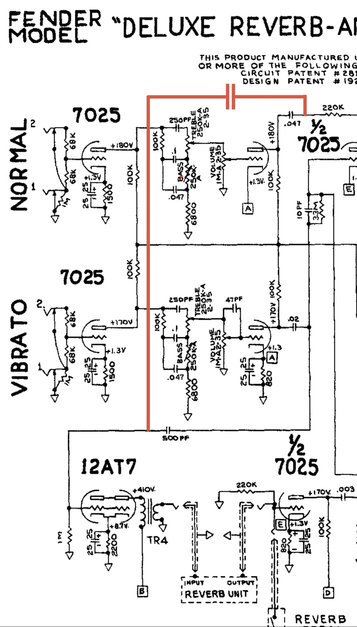 AB763 Cap-Tap: 330 pF from the Normal .047 µF / 220 k junction to the V3 reverb-driver grid, grid side of the stock 500 pF.